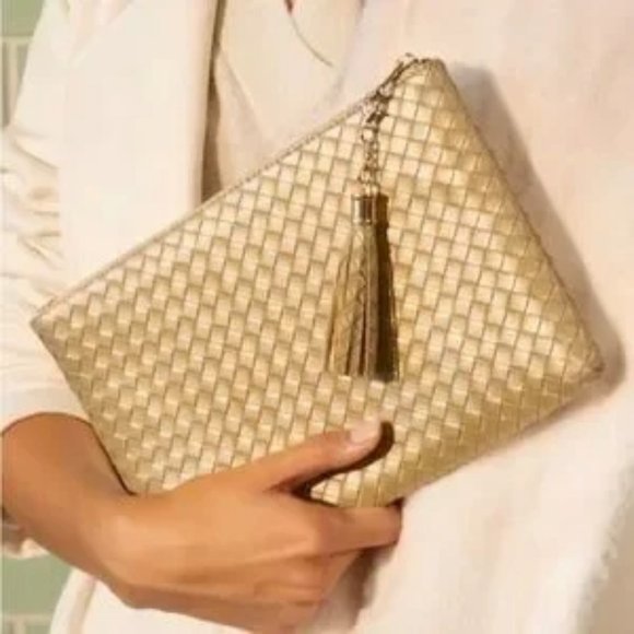 Virginia Wolf Handbags - Virginia Wolf Mimi Woven Vegan Leather Metallic Clutch